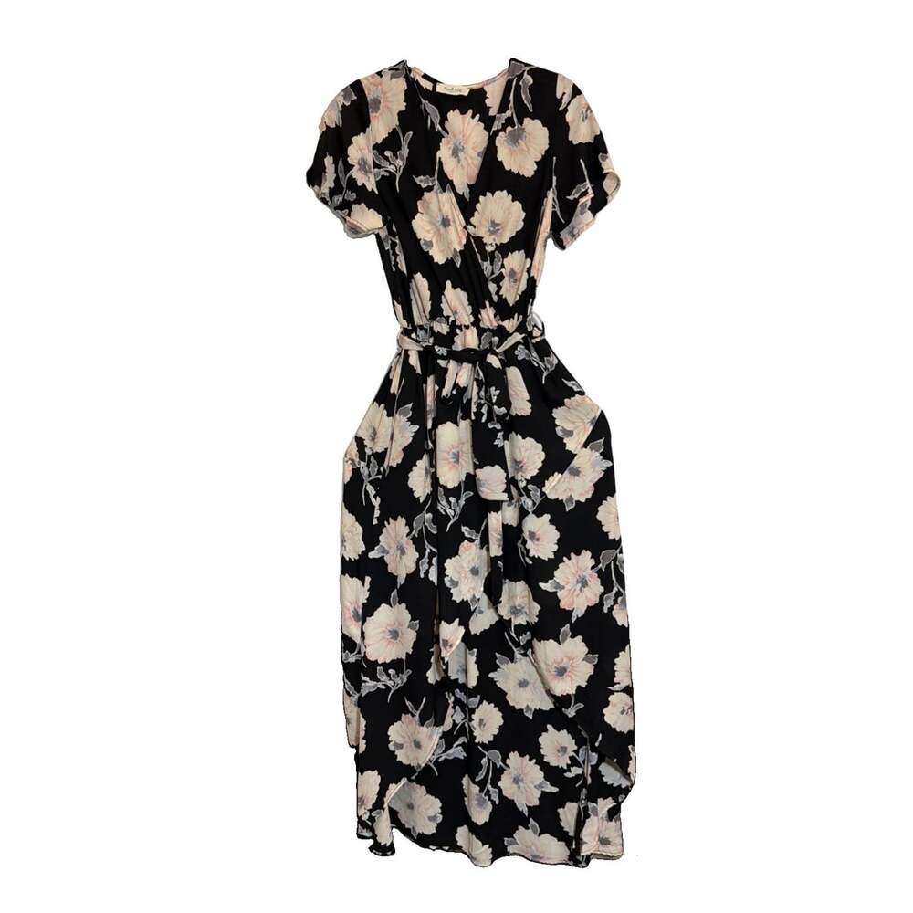 Peach Love Black Peach Floral Flowy Maxi Dress Flutter Sleeve Fairy Core Boho